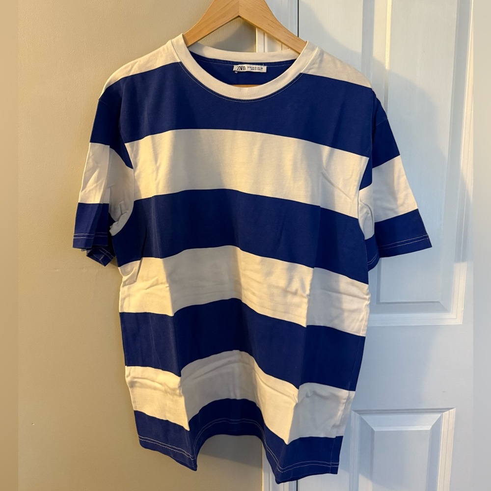 Zara Blue and White Striped T-Shirt